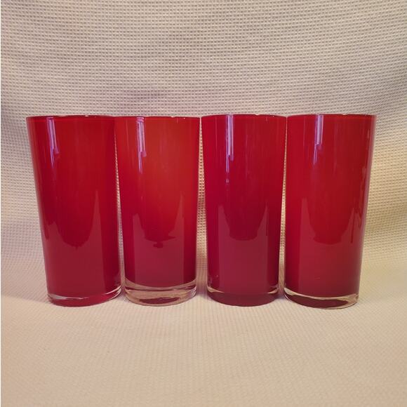 4 Vintage Mid Century Modern Red White Lined Highball Glass Tumblers - Picture 1 of 16